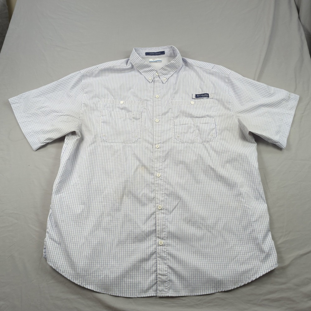 Columbia PFG Shirt Mens 2XL Blue Check Plaid Fishing Vented Super Tamiami